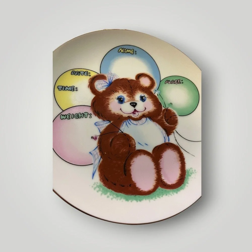 NIB Vtg 1984 House of Lloyd Baby Keepsake Plate Teddy Bear‎ Birth Record Japan